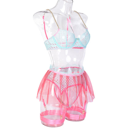 Women Clothing Mesh Metal Chain See-through Stitching Contrast Color Criss Cross Sexy Garter Four-Piece Set