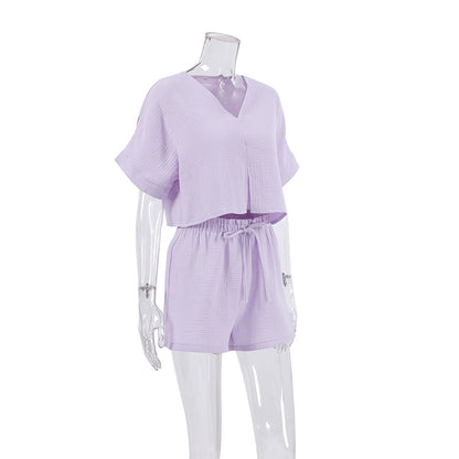 Spring Outfits 2024 | Lilac Lavender Cotton Shirt Shorts Outfit 2-piece Set