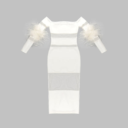 Runway Outfits | Feathers See Through Off Shoulder Dress