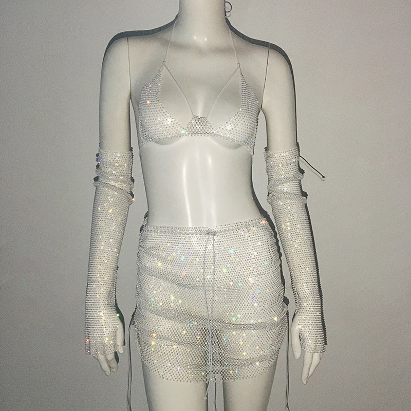 NYE Outfits 2024 | Glitter Rhinestone triangle top Arm Sleeve Mini Skirt Outfit 3-piece Set