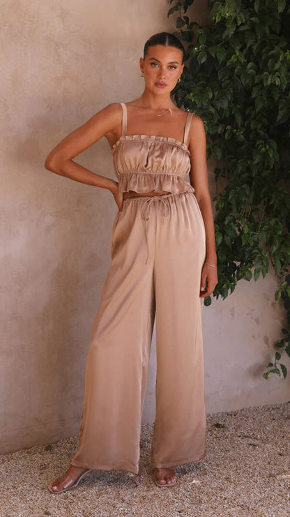Summer Outfits | Spring Satin Outfits Wide Leg Pants 2-piece set