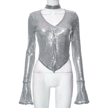 Blouse Designs | Metallic Silver Sequined Collar Blouse