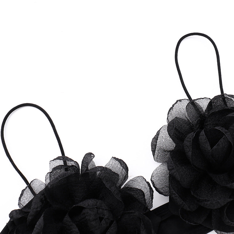 2024 Fashion Trends | Black 3D Rose Crop Top High Waist Pants Outfit 2-piece Set