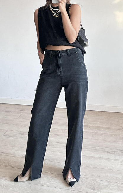Summer Outfits | Long Leg Effect Visual Front Slit High Waist Jeans
