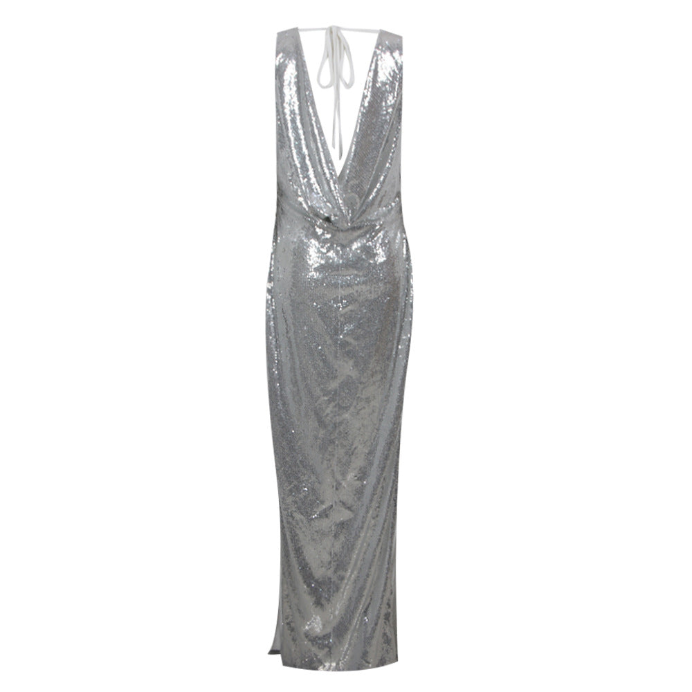 NYE Outfits 2024 | 3D Floral Silver Sequin Split Backless Dress