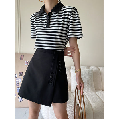 2023 Fashion Trends | Cotton Black and White Striped Polo Casual Outfit