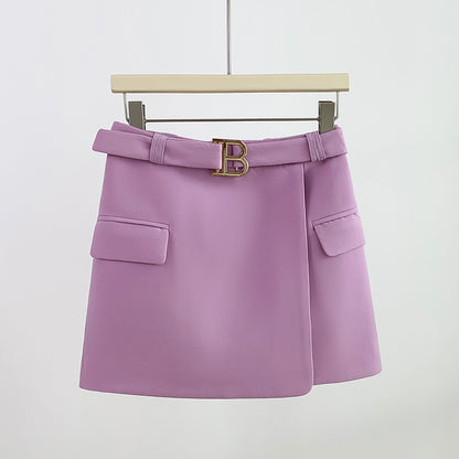 Spring Summer Belt Metal Buckle Shorts Skirt Yellow Purple Red Skirt