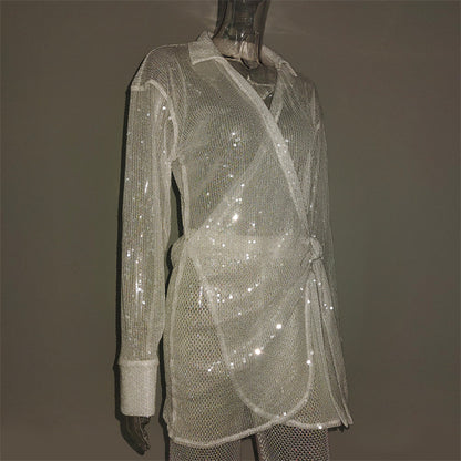 Summer Outfits | White Glitter Festival See Through Polo Mini Dress