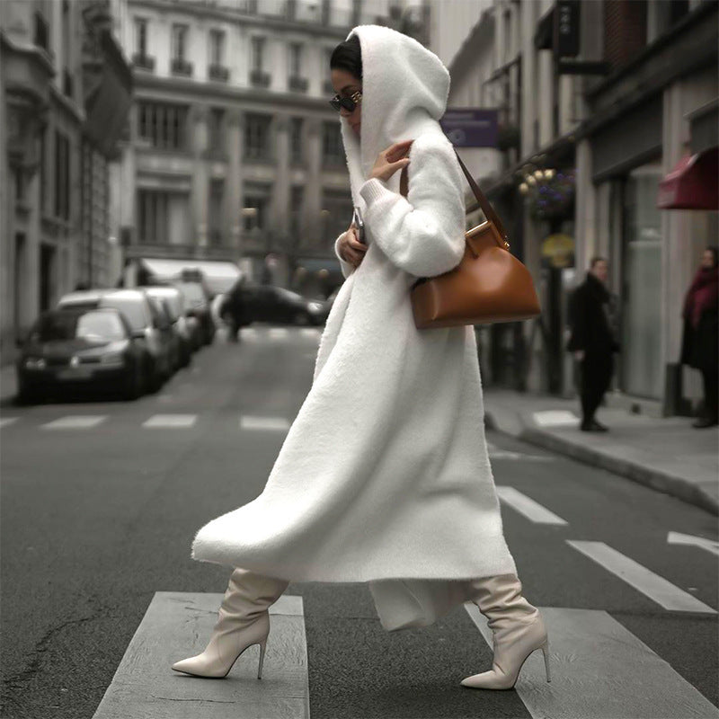 White Sweater Outfit | White Hooded Trench Coat Sweater
