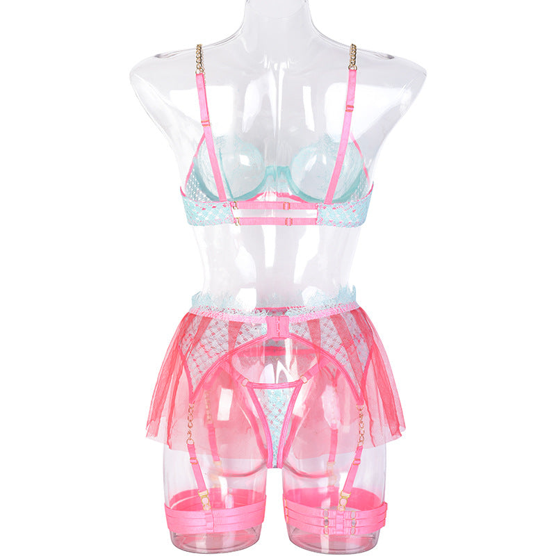 Women Clothing Mesh Metal Chain See-through Stitching Contrast Color Criss Cross Sexy Garter Four-Piece Set