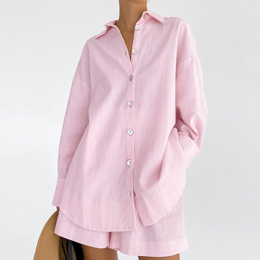 Spring Outfits 2024 | Millennial Pink Breeze Cotton Long Sleeve Shirt Shorts Outfit 2-piece Set