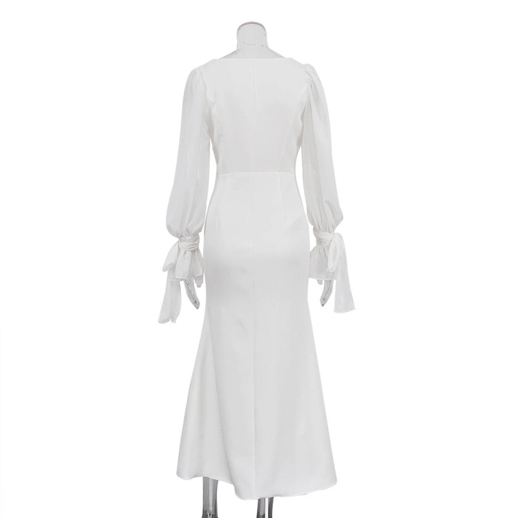 Coquette Aesthetic Outfits | Bows Sheer Puff Sleeves Elegant White Fishtail Dress
