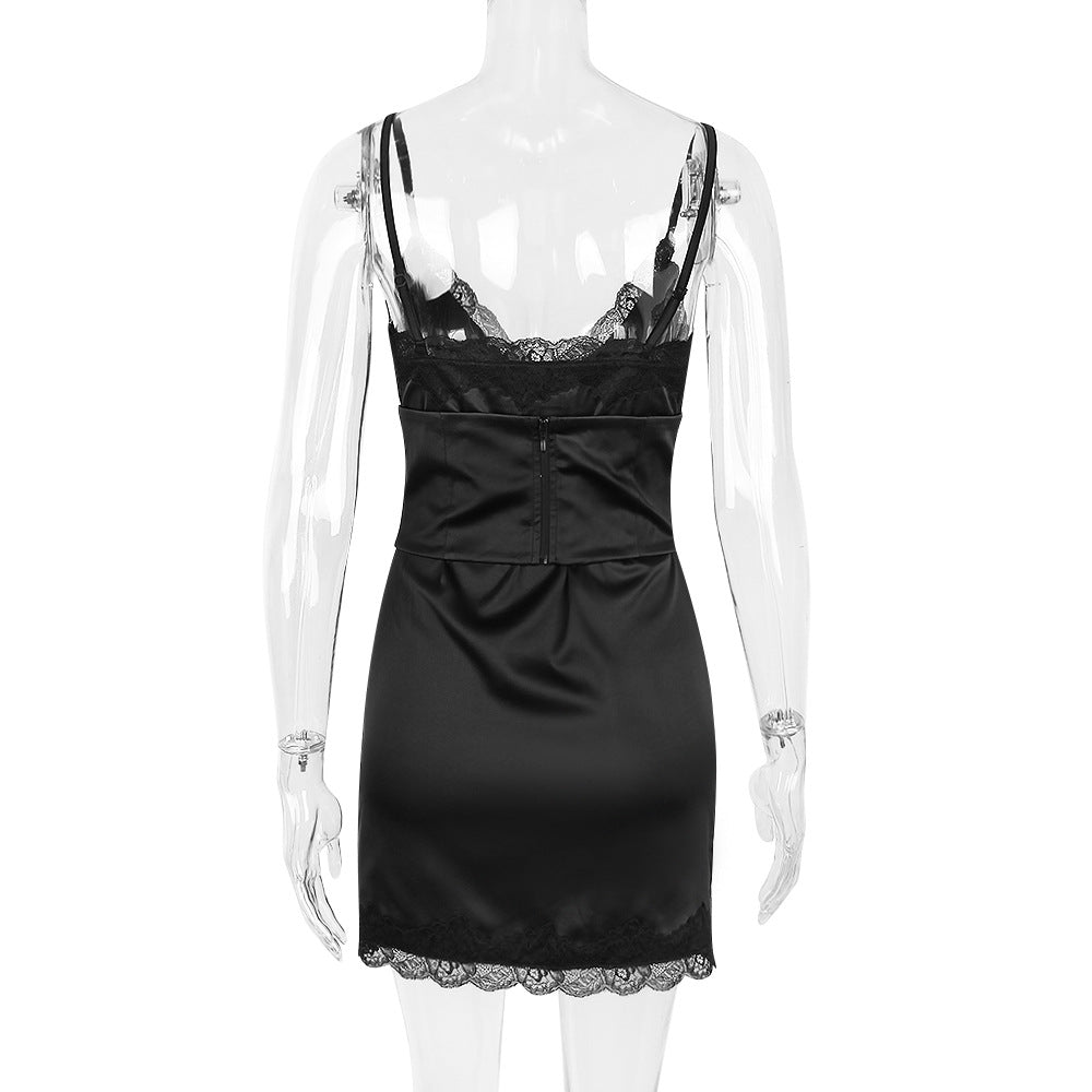 Little Black Dresses |  Black Lace Silk Corset Mini Dress