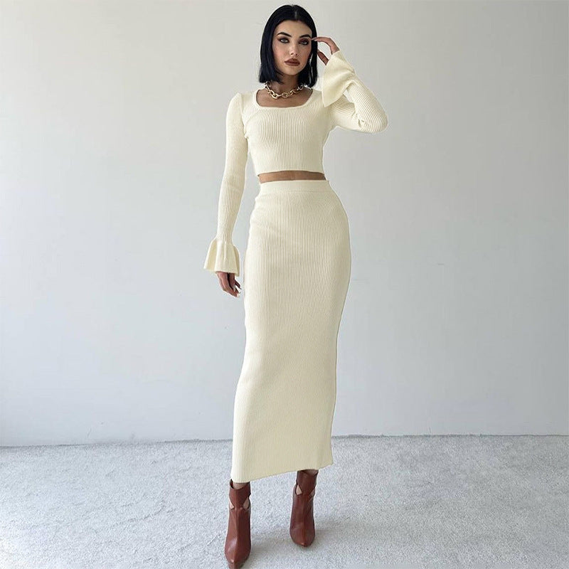 Fall Fits | Knitted Flared Long Sleeve Crop Top Skirt Outfit 2-piece Set