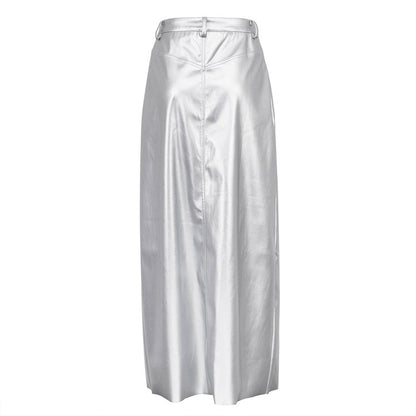 2023 Fashion Trends | Silver Aesthetic Leather Maxi Skirt