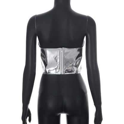 Y2K Fall Outfits | Silver Metallic Corset Crop Top