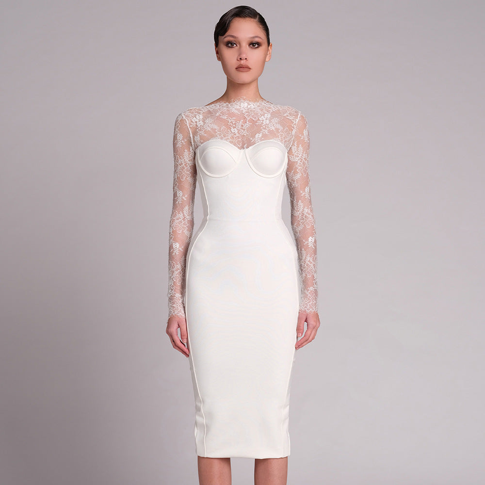 White Dress Aesthetic | Lace Sleeves White Bachelorette Dress