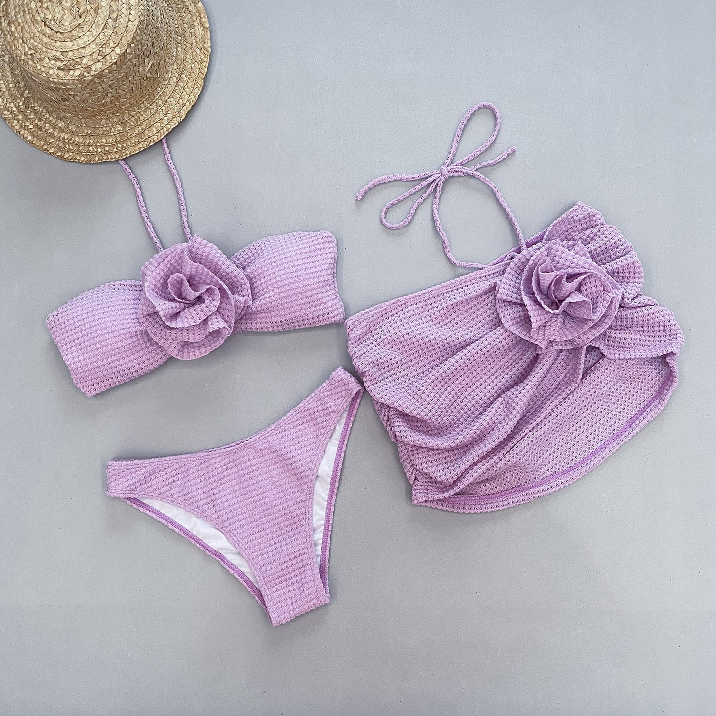 Spring Outfits 2024 3D Floral Breeze Bikini Swimsuit Outfit 3-piece Set