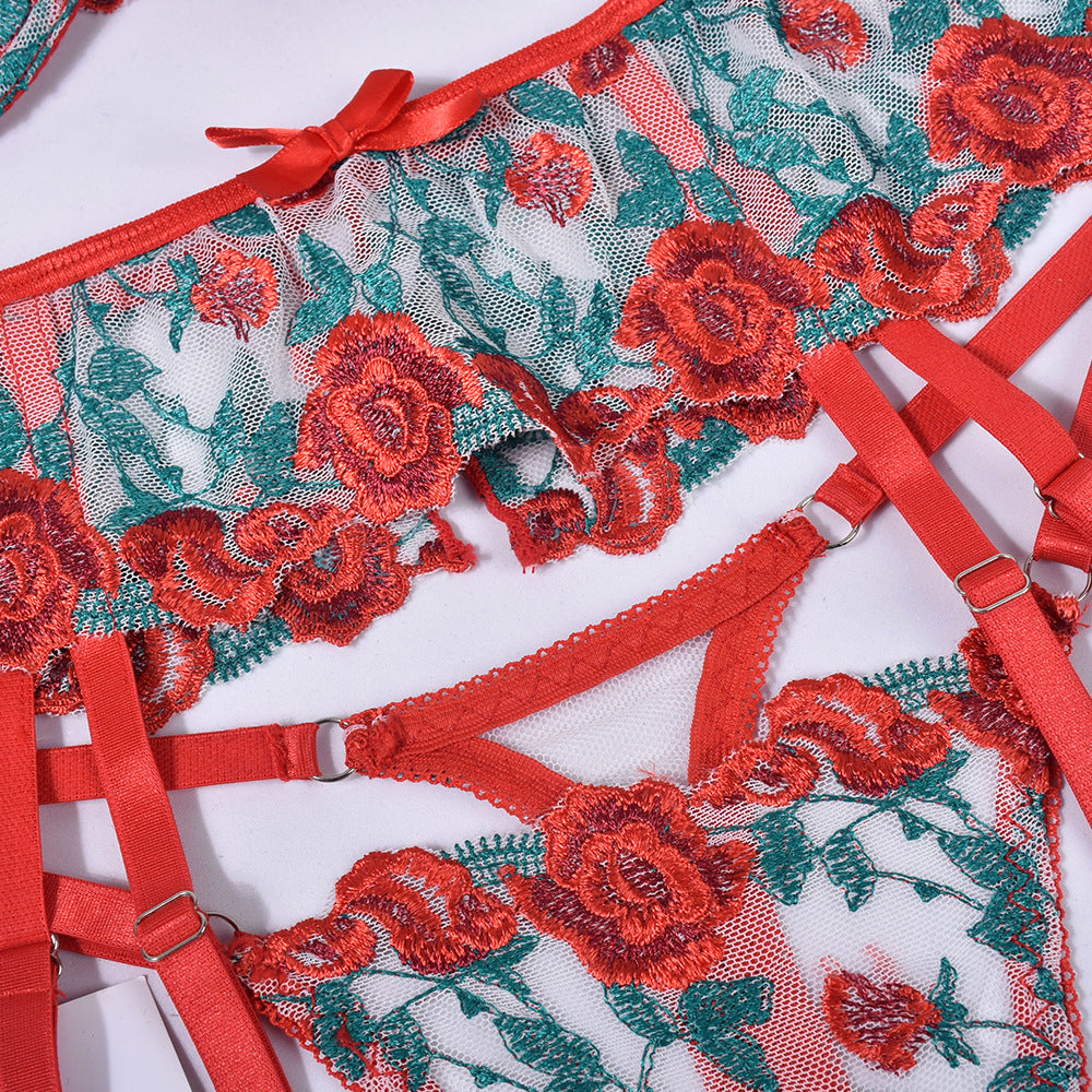 Valentines Lingerie Outfits | Exquisite Rose Embroidery Lingerie Outfit 3-piece Set