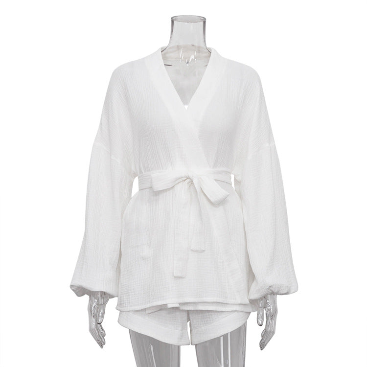 Cute Summer Outfits | Cotton Summer Outfit Minimalist Kimono Top & Loose High Waist Shorts 2-Piece Set