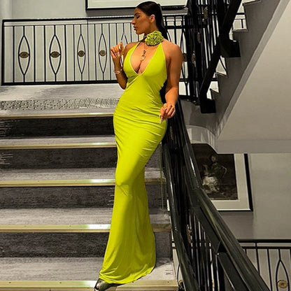 Summer Outfits |  3D Rose Deep V Backless Maxi Neon Yellow Aesthetic Dress