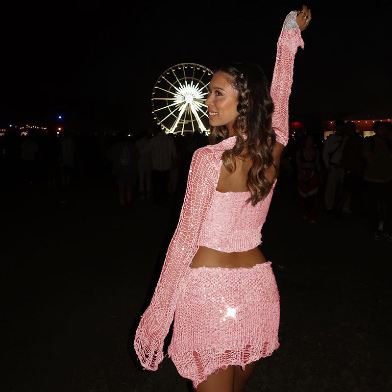 Festival Outfits | Glitter Cropped Sweater Mini Skirt 2-piece set