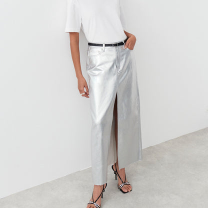 2023 Fashion Trends | Silver Aesthetic Leather Maxi Skirt