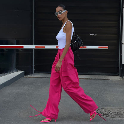 Casual Outfits | Hot Pink Aesthetic Loose Cargo Wide Leg Pants