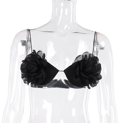 2024 Fashion Trends | Black 3D Rose Crop Top High Waist Pants Outfit 2-piece Set