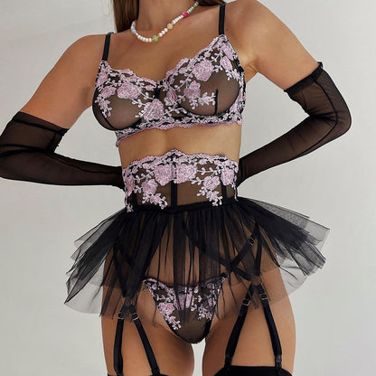 Lingerie Outfits 2023 | Black and Lilac Lavender Embroidery Lace Lingerie Outfit 3-piece Set