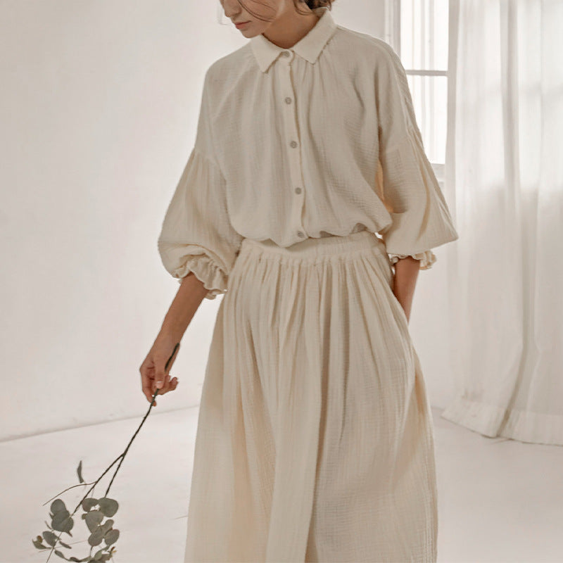 Capsule Wardrobe 2024 | Elegant Apricot Long Sleeve Cotton Shirt Skirt Outfit