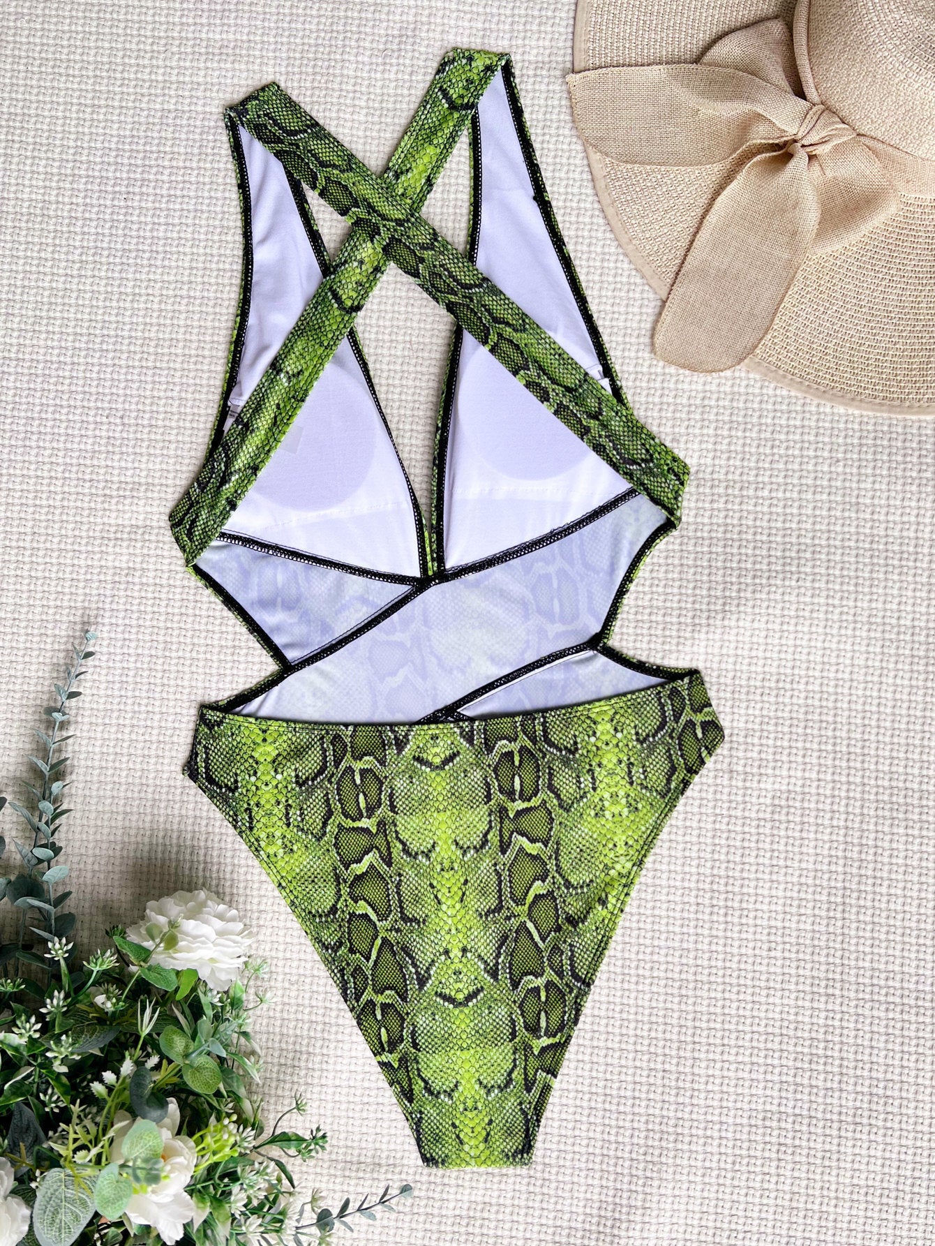 Resort Vacation Outfits | Green Aesthetic Snake Print Cut Out  One-Piece Swimsuit