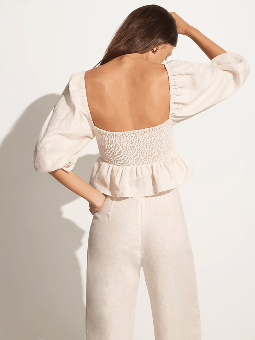 Capsule Wardrobe 2024, Cotton Linen Spring Puff Sleeve Square Crop Top Ruffles Flared Pants Outfit 2-piece Set