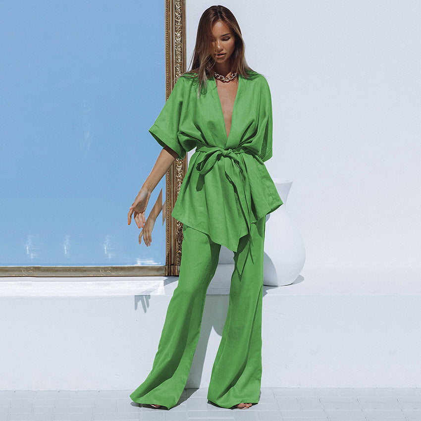 Summer Outfits |  Cotton Kimono Pants Outfit 2-piece set With Belt