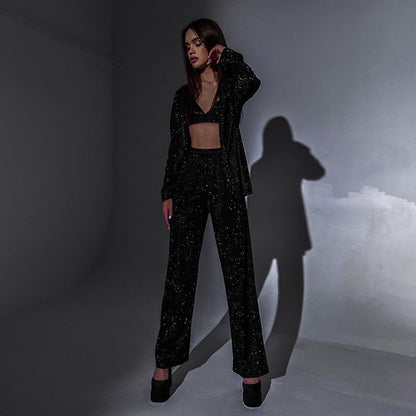 Studio 54 Outfits | Glitter Shirt Crop Top & Trousers Outfit 3-piece set