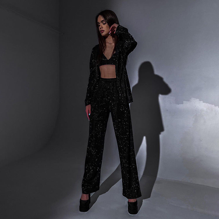 Pieces ribbed wide leg trousers in black glitter