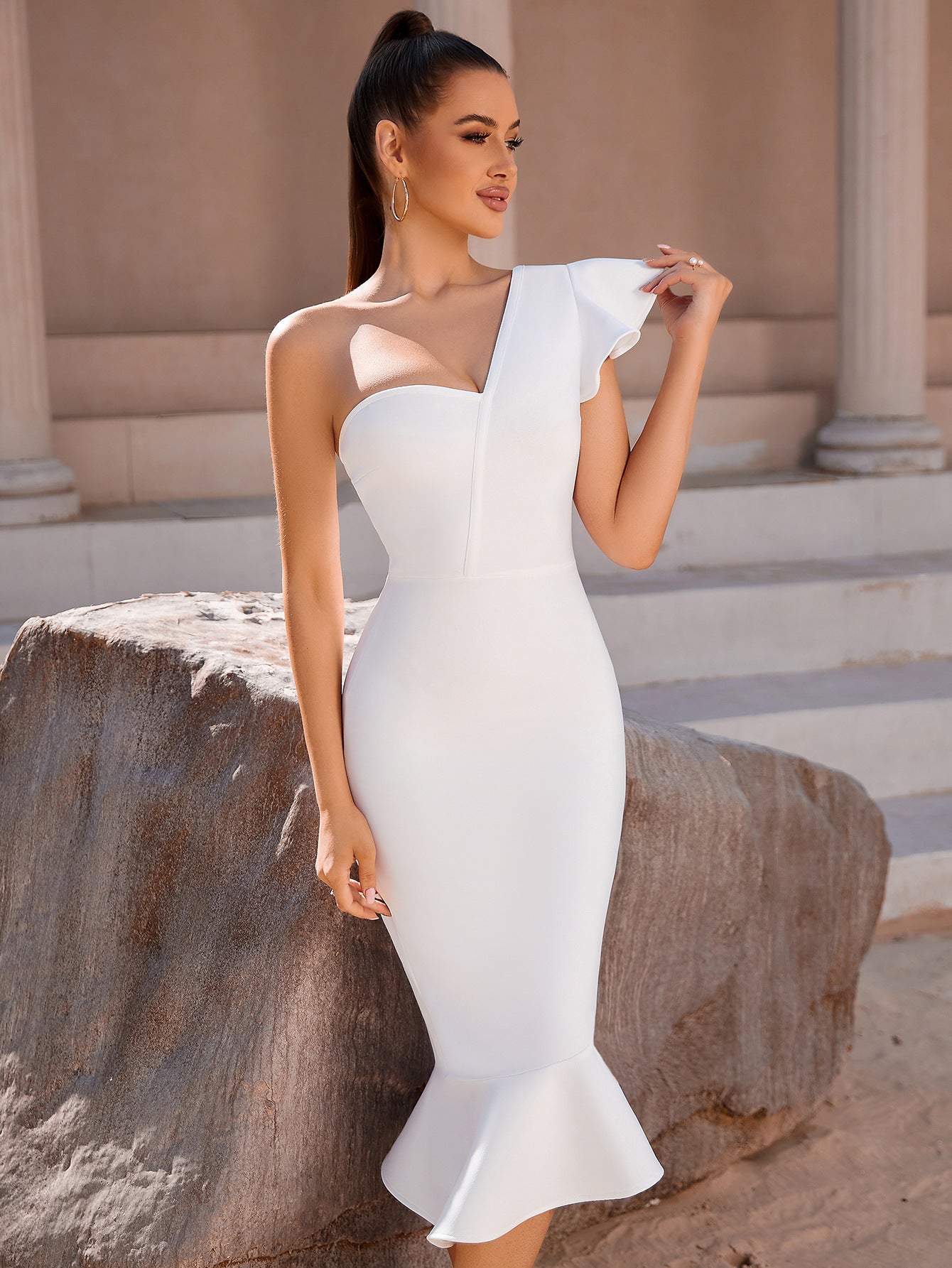 White Dress Aesthetic | One Shoulder Ruffles White Mermaid Dress