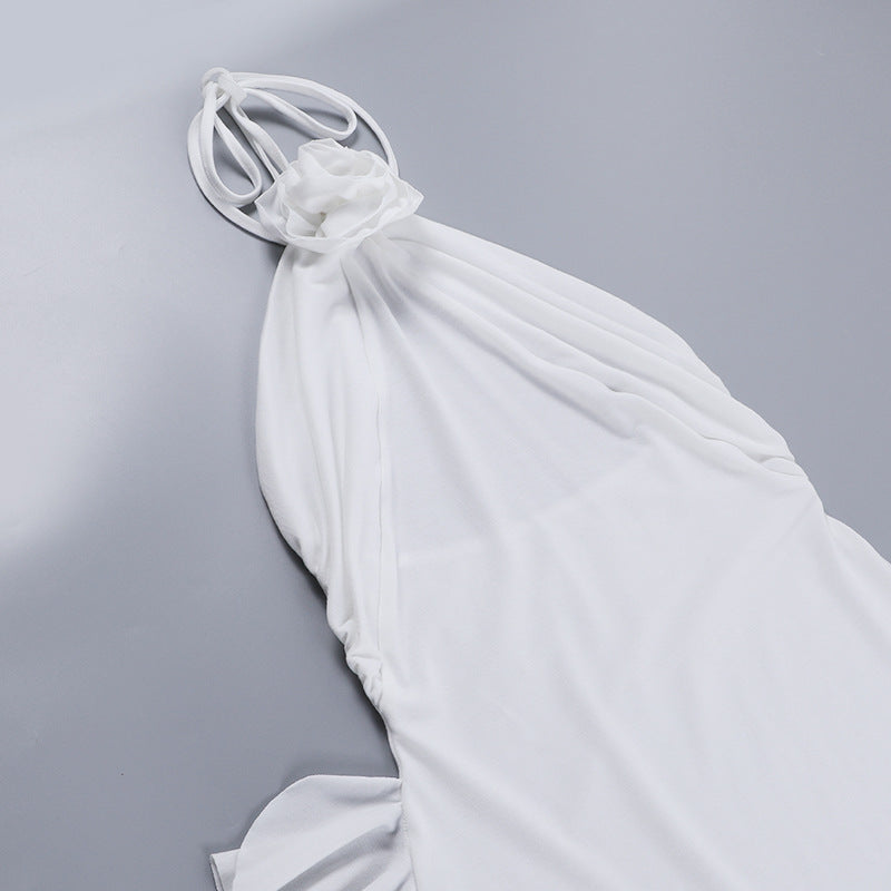 White Dresses | 3D Floral White Halter Ruffles Dress