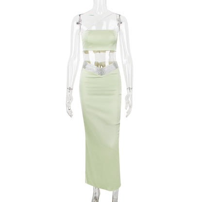 Studio 54 Outfits | Green Rhinestone Crop Top Satin Skirt Outfit 2-piece Set