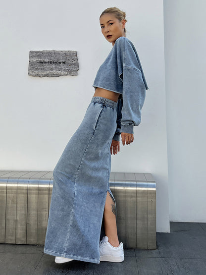 Spring Outfits | Chic Denim Crop Top Cotton Sweatshirt High Waist Skirt Outfit 2-piece Set