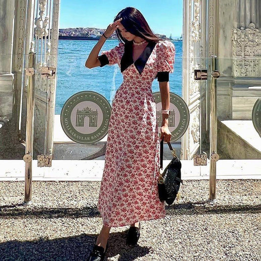 Back to School Outfits | Elegant Collar Puff Sleeve Pink Floral Maxi Dress