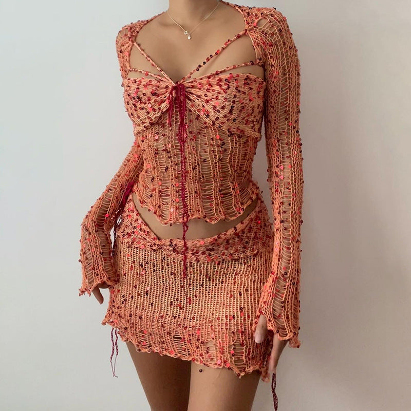 Euphoria Outfits | Glitter Sequined Sweater Crop Top Summer Skirt Outfit 3 -piece Set