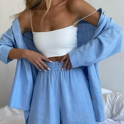 Cute Summer Outfits | TGC FASHION Aesthetic Cotton Summer Outfits Collared Shirt and High Waist Shorts 2-piece Set