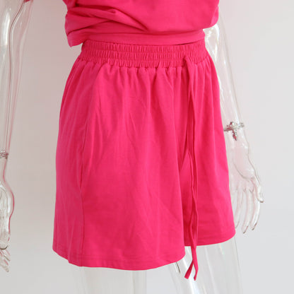 Capsule Wardrobe 2023 | Hot Pink Summer Short Sleeve T-Shirt Shorts Outfit 2-piece set with Headscarf Almost Sold Out