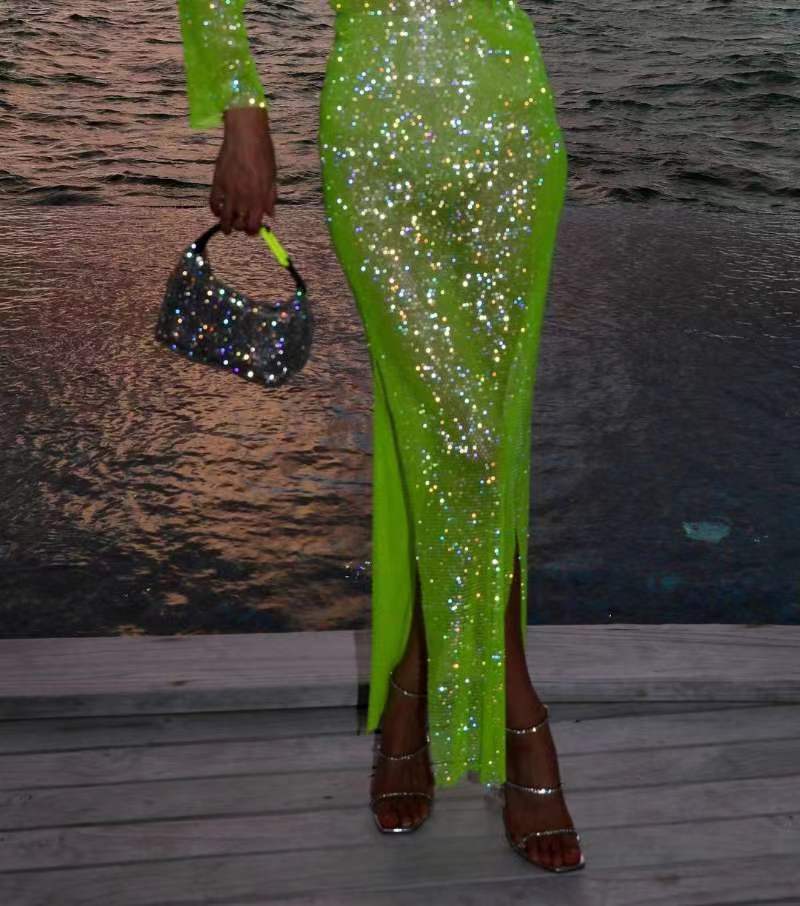 Summer Outfits | Long Sleeve Slit Maxi Glitter Dress
