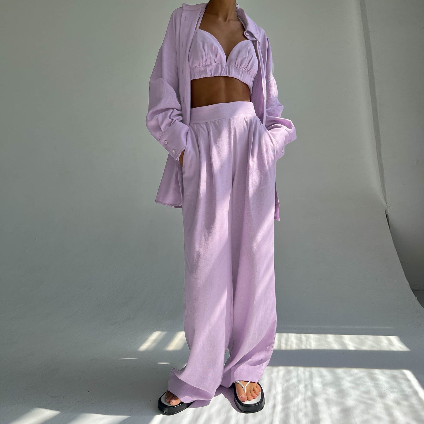 Capsule Wardrobe | Lilac Lavender Cotton Triangle Bra Top Linen Long Sleeve Shirt Casual High Waist Shorts Wide Leg Pants 4 Piece Set Add Each Item Separately