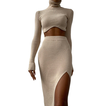 Fall Outfits | Jersey Turtleneck Crop Top Sweater Skirt Outfit 2-piece Set