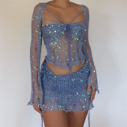 Euphoria Outfits | Glitter Sequined Sweater Crop Top Summer Skirt Outfit 3 -piece Set