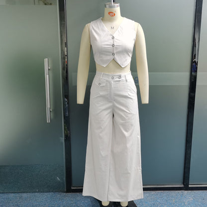 Capsule Wardrobe |  Minimalist Summer Cropped Vest Wide Leg Pants Outfit 2-piece Set