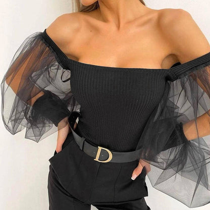 2024 Fashion Trends | Tulle Jellyfish Sheer Sleeves Black Top